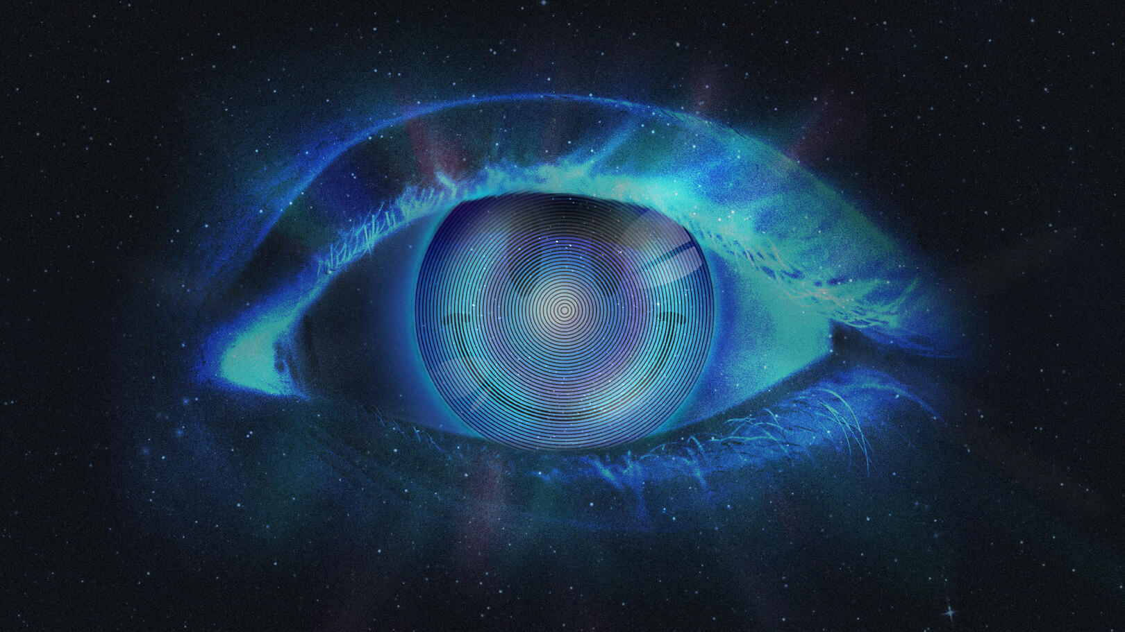 An image of an eye in electric blue against a starry, dark night sky background. The pupil is replaced with an acid smiley face